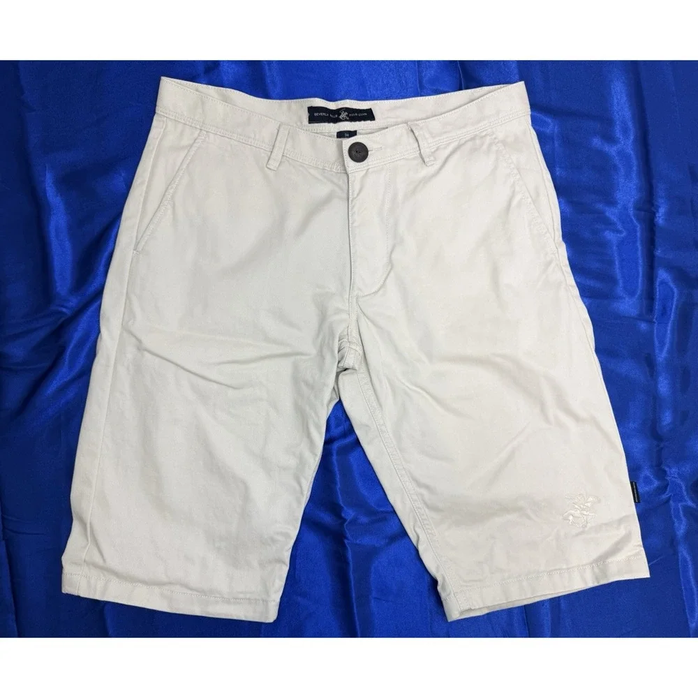 Beverly Hills Polo Club Men's 34 Skinny Slim Fine Dress Shorts Beige -Horse Logo